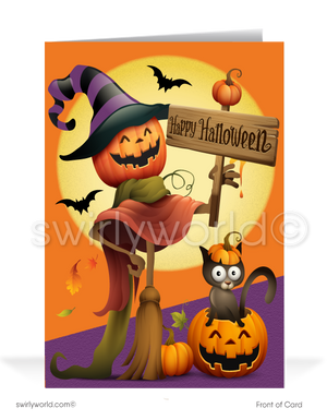 Capture Halloween charm with Swirly World's Scarecrow & Jack-o'-Lantern Greeting Card. Featuring a scarecrow with a Jack-o'-lantern head and a playful black cat in a pumpkin, this card is perfect for spreading festive joy. Customizable envelopes available for a personal touch!