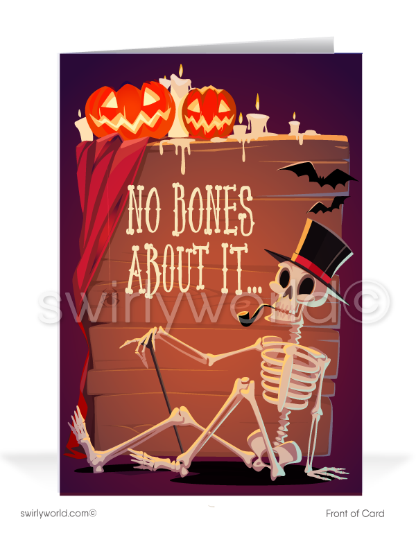 Delight clients with Swirly World's Cartoon Skeleton Halloween Greeting Card! Featuring a skeleton with a top hat, pipe, and surrounded by jack-o'-lanterns and bats, this card reads "No Bones About It" on the cover and "I Think You Are Spooktacular!" inside. Customizable envelopes available!