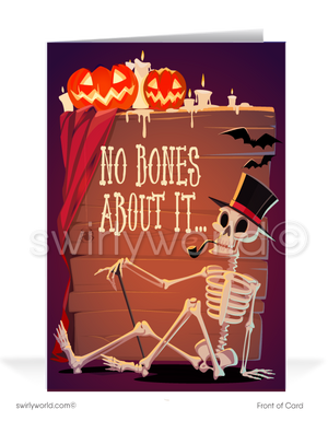 Delight clients with Swirly World's Cartoon Skeleton Halloween Greeting Card! Featuring a skeleton with a top hat, pipe, and surrounded by jack-o'-lanterns and bats, this card reads "No Bones About It" on the cover and "I Think You Are Spooktacular!" inside. Customizable envelopes available!