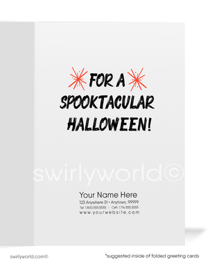 Vintage Kitschy Halloween Card with Witch, Black Cat, and Bats in 1950s-1960s Style