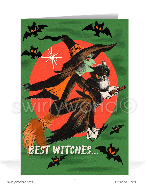 Experience the magic of 1950s-1960s Halloween with Swirly World's vintage greeting cards. Featuring a wicked witch and her black cat soaring on a broom amidst fluttering bats against an orange sky. Perfect for mid-century style lovers. Choose single-panel or folded options, with customizable envelopes available.