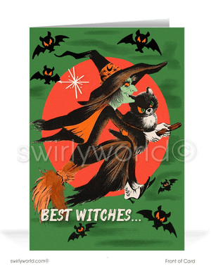 Experience the magic of 1950s-1960s Halloween with Swirly World's vintage greeting cards. Featuring a wicked witch and her black cat soaring on a broom amidst fluttering bats against an orange sky. Perfect for mid-century style lovers. Choose single-panel or folded options, with customizable envelopes available.