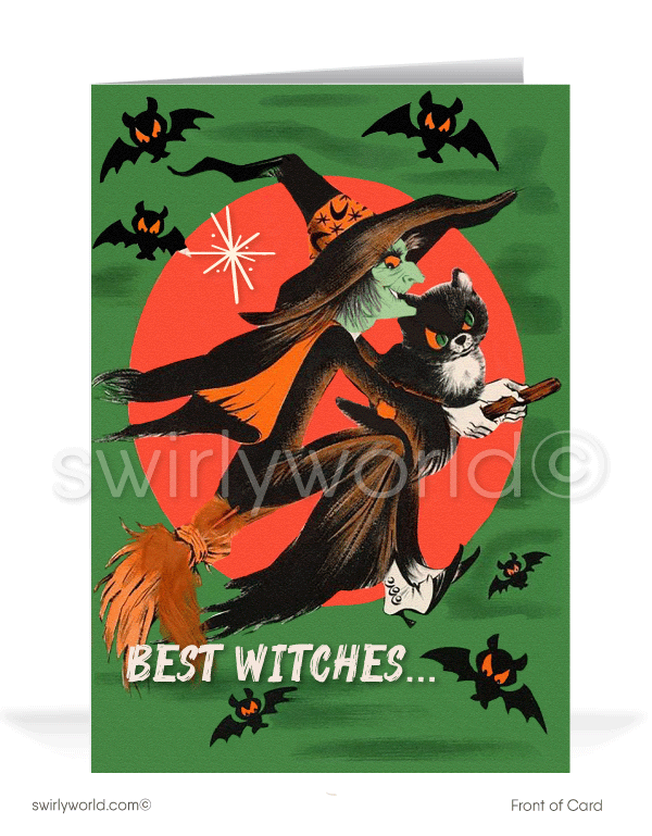 1960’s vintage mid-century mod retro "Best Witches" black cat Happy Halloween Greeting Cards.