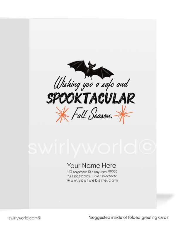 Capture the magic of mid-century nostalgia with Swirly World's Halloween Cards. Featuring a spooky owl perched in a tree, a ghostly figure soaring across a golden moon, and a starry orange sky. Perfect for retro aesthetic lovers. Choose single-panel or folded options, with customizable envelopes available.