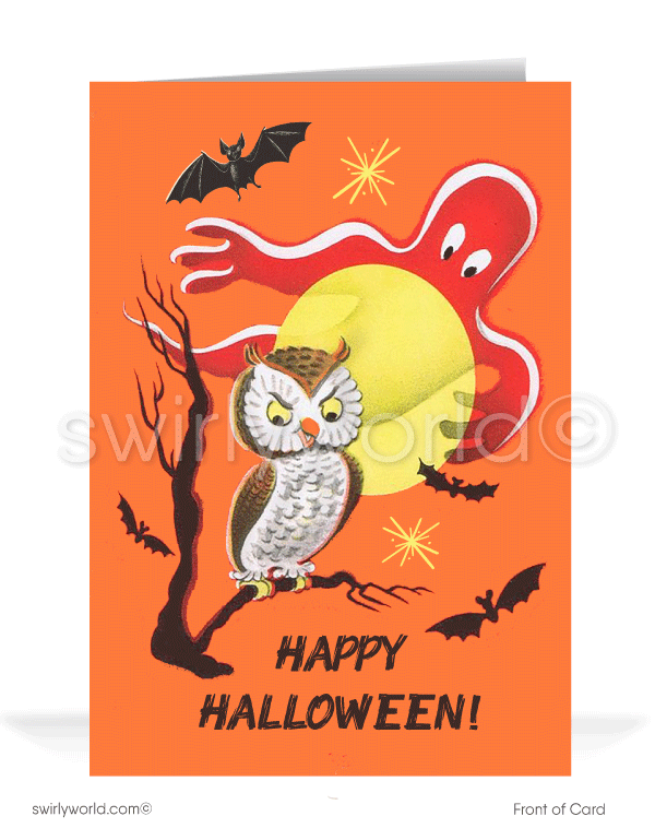Capture the magic of mid-century nostalgia with Swirly World's Halloween Cards. Featuring a spooky owl perched in a tree, a ghostly figure soaring across a golden moon, and a starry orange sky. Perfect for retro aesthetic lovers. Choose single-panel or folded options, with customizable envelopes available.