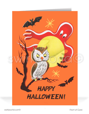 Capture the magic of mid-century nostalgia with Swirly World's Halloween Cards. Featuring a spooky owl perched in a tree, a ghostly figure soaring across a golden moon, and a starry orange sky. Perfect for retro aesthetic lovers. Choose single-panel or folded options, with customizable envelopes available.