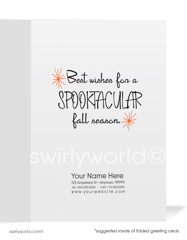 Celebrate mid-century charm with Swirly World's Vintage Halloween Cards. Featuring a 1950s-style girl decorating for Halloween with Jack-O-Lanterns, streamers, and retro starbursts against a dramatic black backdrop. Choose single-panel or folded options with customizable envelopes.