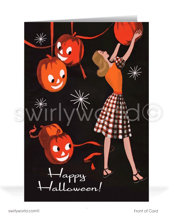 1930’s vintage mid-century retro Happy Halloween Greeting Cards for Business Customers. 1940s art deco halloween greeting cards