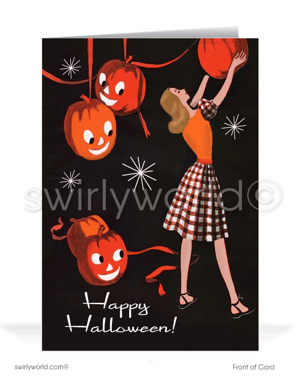 Celebrate mid-century charm with Swirly World's Vintage Halloween Cards. Featuring a 1950s-style girl decorating for Halloween with Jack-O-Lanterns, streamers, and retro starbursts against a dramatic black backdrop. Choose single-panel or folded options with customizable envelopes.