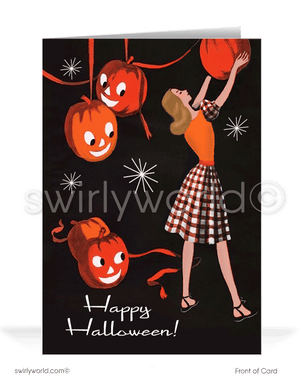 Celebrate mid-century charm with Swirly World's Vintage Halloween Cards. Featuring a 1950s-style girl decorating for Halloween with Jack-O-Lanterns, streamers, and retro starbursts against a dramatic black backdrop. Choose single-panel or folded options with customizable envelopes.