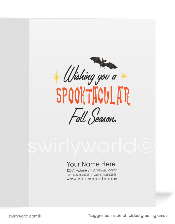 Step back in time with Swirly World's Mid-Century style 1960s Halloween Cards. Featuring eerie artwork of a ghost and skeleton skulking among stars in an orange night sky. Ideal for fans of the retro aesthetic. Choose single-panel or folded options, with customizable envelopes available.