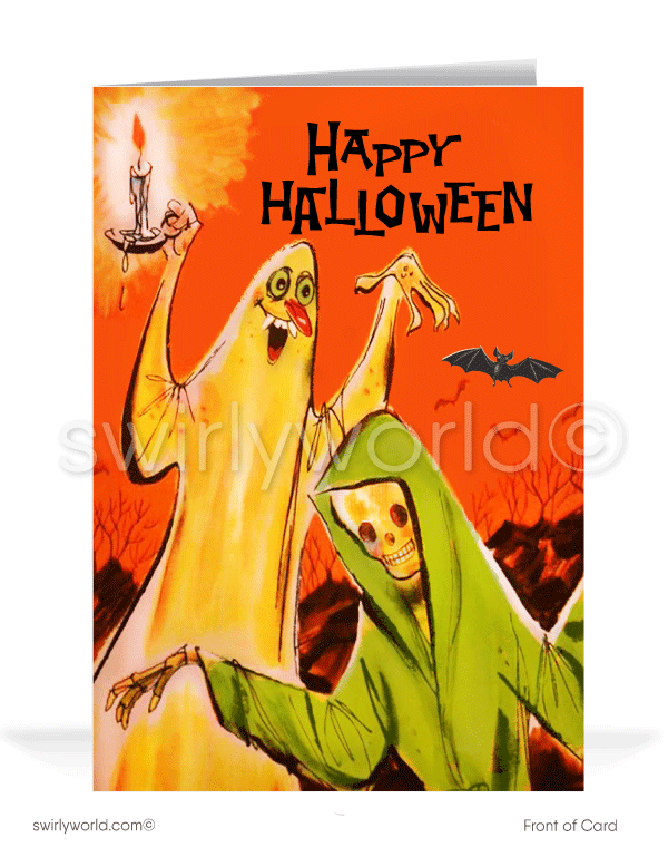 Step back in time with Swirly World's Mid-Century style 1960s Halloween Cards. Featuring eerie artwork of a ghost and skeleton skulking among stars in an orange night sky. Ideal for fans of the retro aesthetic. Choose single-panel or folded options, with customizable envelopes available.