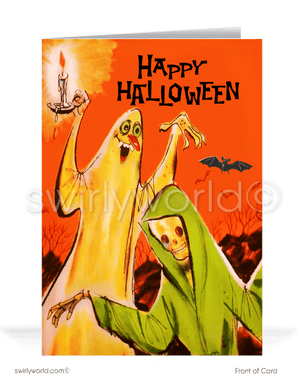 Step back in time with Swirly World's Mid-Century style 1960s Halloween Cards. Featuring eerie artwork of a ghost and skeleton skulking among stars in an orange night sky. Ideal for fans of the retro aesthetic. Choose single-panel or folded options, with customizable envelopes available.