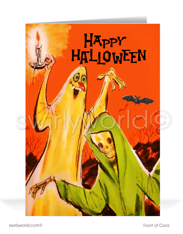 1960’s vintage mid-century retro funny zombie ghost Happy Halloween Greeting Cards.