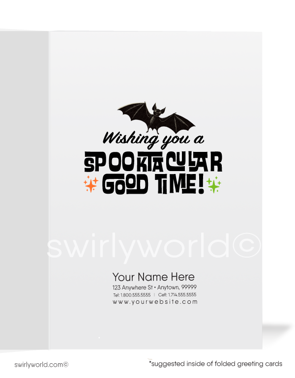 Step into the 1950s-1960s with Swirly World's mod-style Halloween cards. Featuring a retro Dracula vampire with orange eyes and cape on a vibrant green background with atomic starbursts. Perfect for mid-century style lovers. Choose single-panel or folded options, with customizable envelopes available.