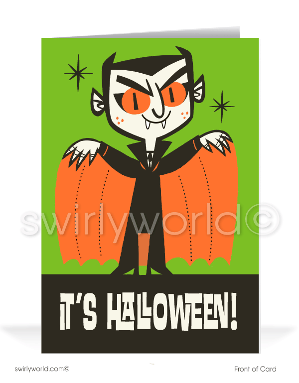 1960’s vintage atomic mid-century retro dracula vampire Happy Halloween greeting cards.