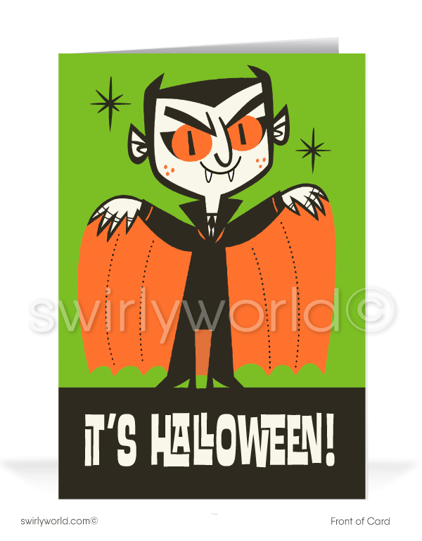 Step into the 1950s-1960s with Swirly World's mod-style Halloween cards. Featuring a retro Dracula vampire with orange eyes and cape on a vibrant green background with atomic starbursts. Perfect for mid-century style lovers. Choose single-panel or folded options, with customizable envelopes available.