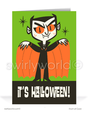 Step into the 1950s-1960s with Swirly World's mod-style Halloween cards. Featuring a retro Dracula vampire with orange eyes and cape on a vibrant green background with atomic starbursts. Perfect for mid-century style lovers. Choose single-panel or folded options, with customizable envelopes available.