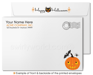 Mid-Century Modern Halloween Card with Spooky Tree, Black Cat, and Jack-o'-Lantern