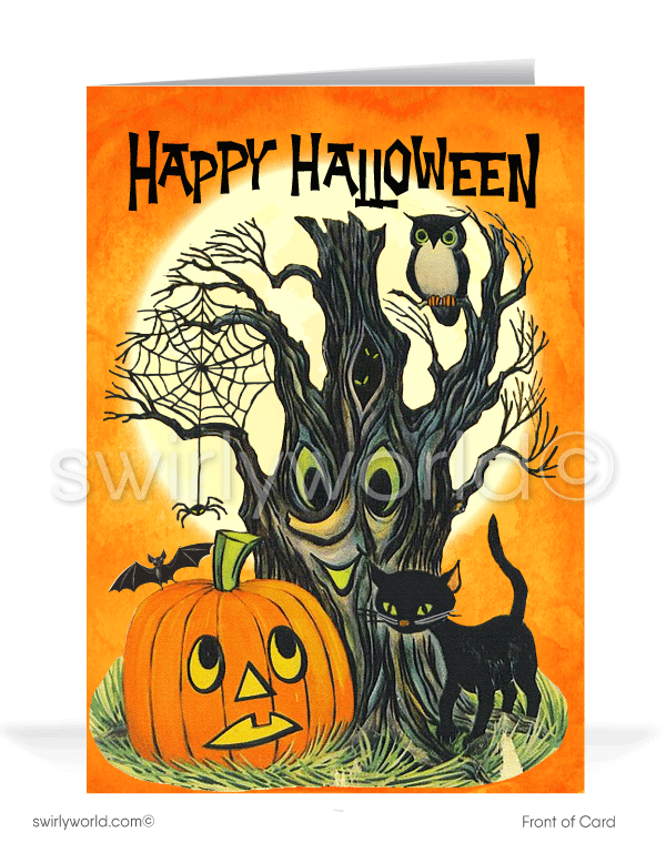 Explore Swirly World's enchanting Halloween greeting cards inspired by the 1940s-1950s MCM era. Featuring a spooky tree, black cat, and glowing jack-o'-lantern against a starburst sky, these customizable cards bring nostalgic mid-century charm to your Halloween celebrations.