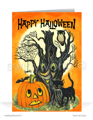 Explore Swirly World's enchanting Halloween greeting cards inspired by the 1940s-1950s MCM era. Featuring a spooky tree, black cat, and glowing jack-o'-lantern against a starburst sky, these customizable cards bring nostalgic mid-century charm to your Halloween celebrations.