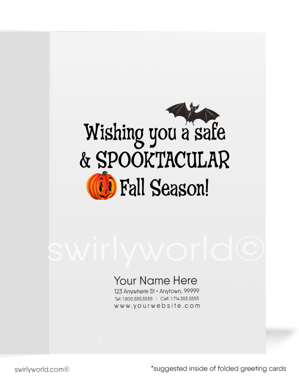 Discover Swirly World's captivating Halloween greeting cards inspired by the 1940s-1950s MCM era. Featuring a spooky tree, bats, and an anthropomorphic jack-o'-lantern against an orange starburst sky, these customizable cards bring nostalgic mid-century charm to your Halloween celebrations.