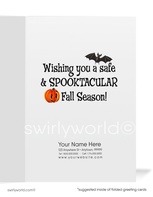 Mid-Century Modern Halloween Card with Spooky Tree, Bats, and Anthropomorphic Jack-o'-Lantern