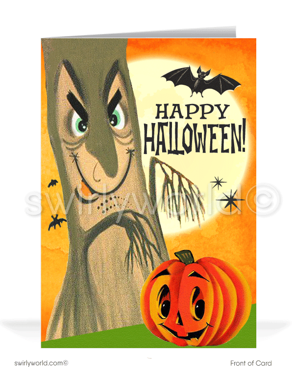 Discover Swirly World's captivating Halloween greeting cards inspired by the 1940s-1950s MCM era. Featuring a spooky tree, bats, and an anthropomorphic jack-o'-lantern against an orange starburst sky, these customizable cards bring nostalgic mid-century charm to your Halloween celebrations.