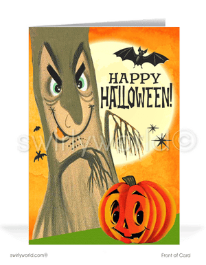Discover Swirly World's captivating Halloween greeting cards inspired by the 1940s-1950s MCM era. Featuring a spooky tree, bats, and an anthropomorphic jack-o'-lantern against an orange starburst sky, these customizable cards bring nostalgic mid-century charm to your Halloween celebrations.