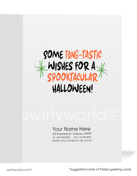 1960’s vintage mid-century retro witch with ghosts Happy Halloween Greeting Cards for Business Customers.