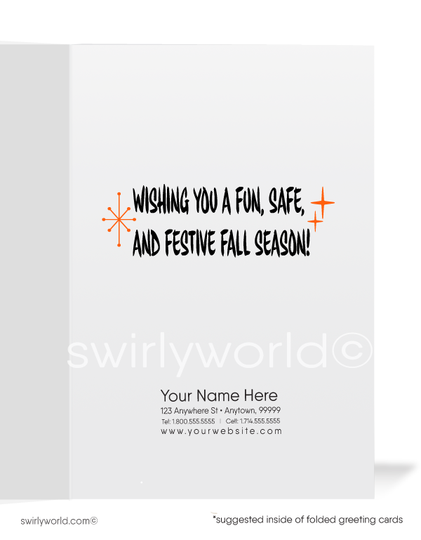 Celebrate Halloween with Swirly World's vintage bat card! Featuring an anthropomorphic bat flying across a starburst orange sky, this 1940s-1950s inspired design is perfect for sending nostalgic Halloween greetings. Customizable wording and envelope options available!