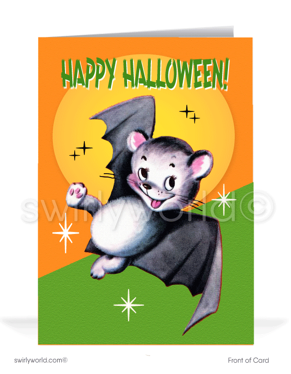 Celebrate Halloween with Swirly World's vintage bat card! Featuring an anthropomorphic bat flying across a starburst orange sky, this 1940s-1950s inspired design is perfect for sending nostalgic Halloween greetings. Customizable wording and envelope options available!