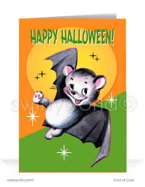 Celebrate Halloween with Swirly World's vintage bat card! Featuring an anthropomorphic bat flying across a starburst orange sky, this 1940s-1950s inspired design is perfect for sending nostalgic Halloween greetings. Customizable wording and envelope options available!