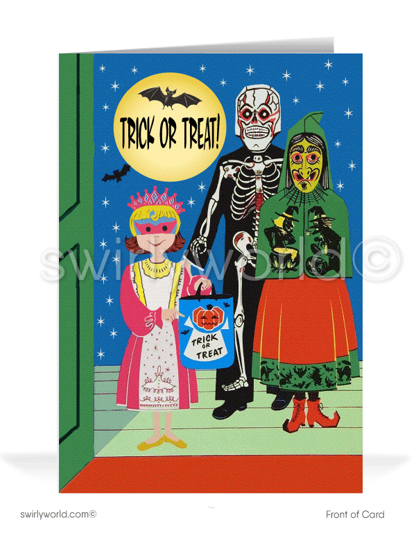 Step back into the 1950s-1960s with Swirly World's vintage Halloween cards. Featuring a trick-or-treating witch, skeleton, and princess under a starry night sky. Perfect for lovers of mid-century style. Choose single-panel or folded options, with customizable envelopes available.