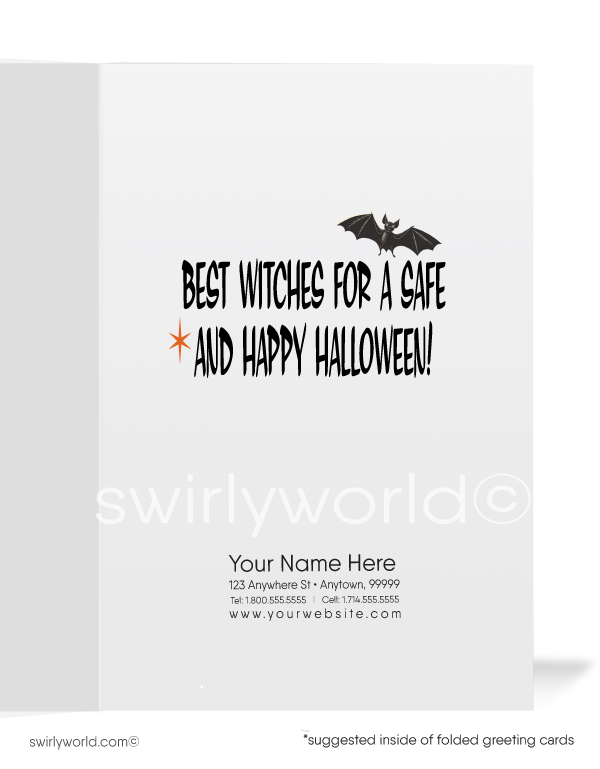 Step back into the 1950s-1960s with Swirly World's vintage Halloween cards. Featuring a trick-or-treating witch, skeleton, and princess under a starry night sky. Perfect for lovers of mid-century style. Choose single-panel or folded options, with customizable envelopes available.