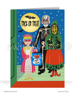 Step back into the 1950s-1960s with Swirly World's vintage Halloween cards. Featuring a trick-or-treating witch, skeleton, and princess under a starry night sky. Perfect for lovers of mid-century style. Choose single-panel or folded options, with customizable envelopes available.