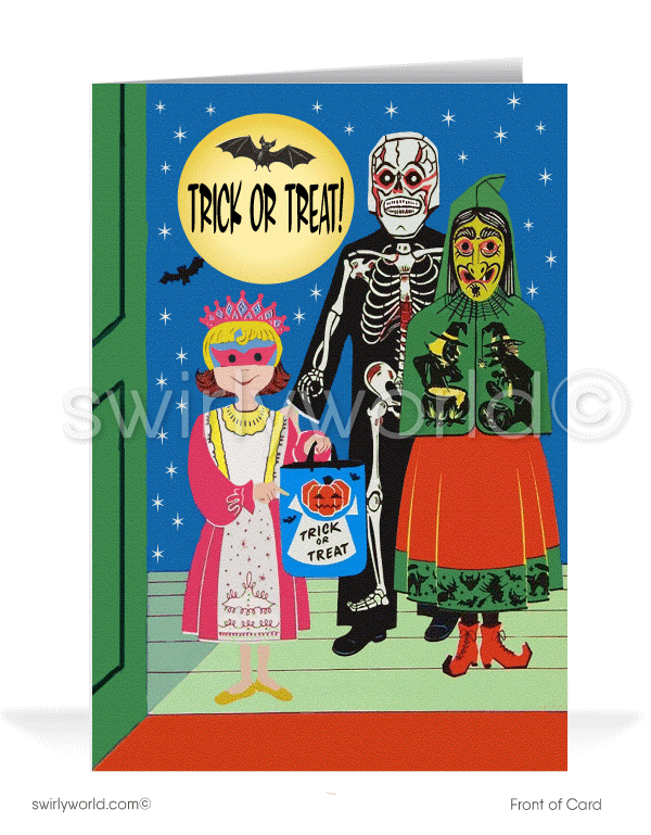 1950’s vintage mid-century retro trick or treat pumpkin black cat Happy Halloween Greeting Cards for Business Customers.
