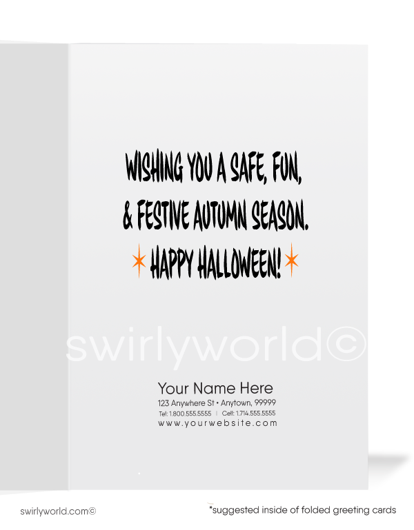 Capture mid-century charm with Swirly World's retro Halloween cards. Featuring a scarecrow with a Jack-o'-Lantern head and a spooked black kitty cat under a starry night sky, with "Happy Fall Y'all!" in retro typography. Perfect for vintage style lovers. Choose single-panel or folded options, with customizable envelopes available.