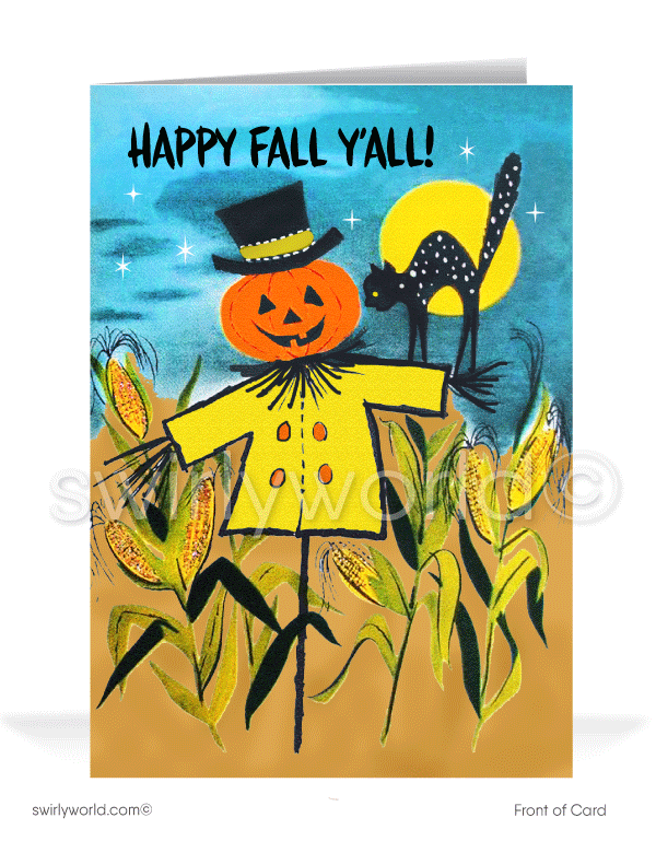 Capture mid-century charm with Swirly World's retro Halloween cards. Featuring a scarecrow with a Jack-o'-Lantern head and a spooked black kitty cat under a starry night sky, with "Happy Fall Y'all!" in retro typography. Perfect for vintage style lovers. Choose single-panel or folded options, with customizable envelopes available.
