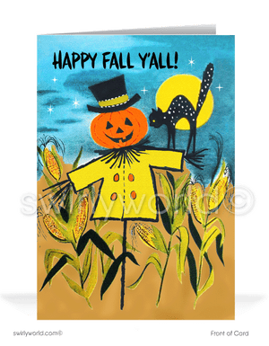 Capture mid-century charm with Swirly World's retro Halloween cards. Featuring a scarecrow with a Jack-o'-Lantern head and a spooked black kitty cat under a starry night sky, with "Happy Fall Y'all!" in retro typography. Perfect for vintage style lovers. Choose single-panel or folded options, with customizable envelopes available.