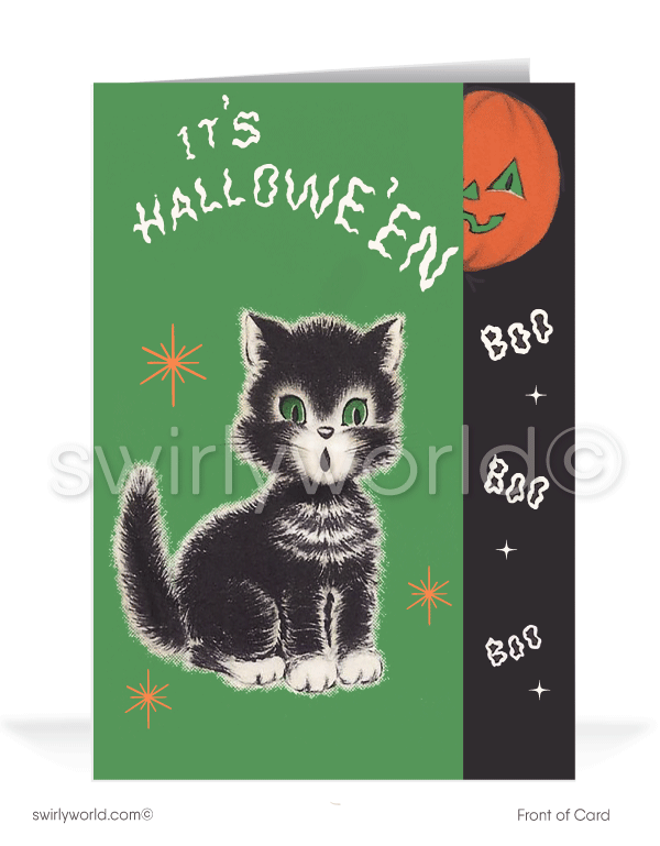 Step back in time with Swirly World's kitschy 1940s-1950s style Vintage Halloween Cards. Featuring a spooked black cat, Jack-O-Lantern, and retro stars with the word "Boo!"—perfect for fans of vibrant, hand-drawn illustrations. Choose single-panel or folded options, with customizable envelopes available.