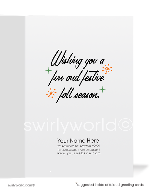 Step back in time with Swirly World's kitschy 1940s-1950s style Vintage Halloween Cards. Featuring a spooked black cat, Jack-O-Lantern, and retro stars with the word "Boo!"—perfect for fans of vibrant, hand-drawn illustrations. Choose single-panel or folded options, with customizable envelopes available.