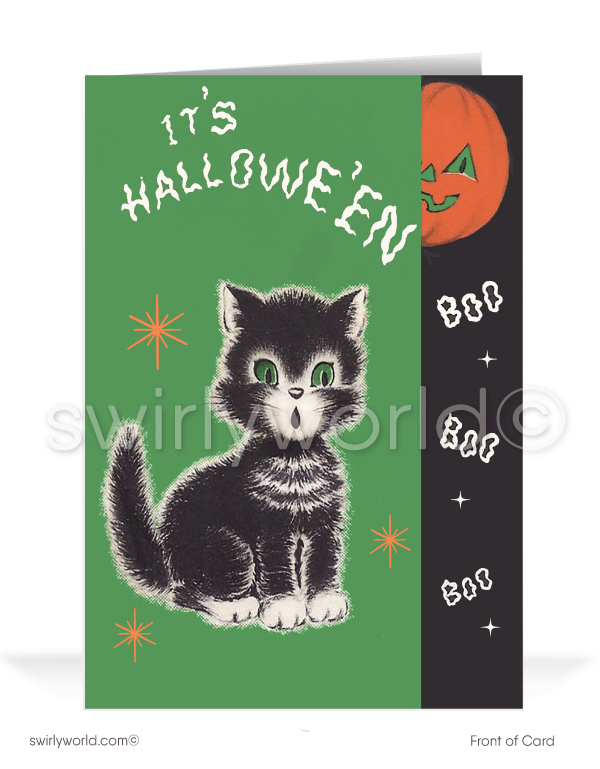 1950’s vintage mid-century retro pumpkin black cat Happy Halloween Greeting Cards for Business Customers.