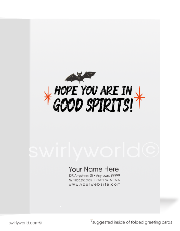 Embrace mid-century charm with Swirly World's vintage 1950s-1960s Halloween Cards. Featuring a ghost riding a broomstick, bats, and atomic starbursts in an orange night sky. Perfect for retro aesthetic lovers. Choose single-panel or folded options, with customizable envelopes available.