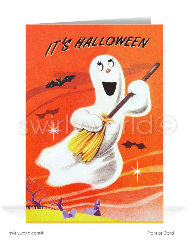 Embrace mid-century charm with Swirly World's vintage 1950s-1960s Halloween Cards. Featuring a ghost riding a broomstick, bats, and atomic starbursts in an orange night sky. Perfect for retro aesthetic lovers. Choose single-panel or folded options, with customizable envelopes available.