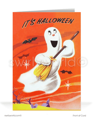 Embrace mid-century charm with Swirly World's vintage 1950s-1960s Halloween Cards. Featuring a ghost riding a broomstick, bats, and atomic starbursts in an orange night sky. Perfect for retro aesthetic lovers. Choose single-panel or folded options, with customizable envelopes available.