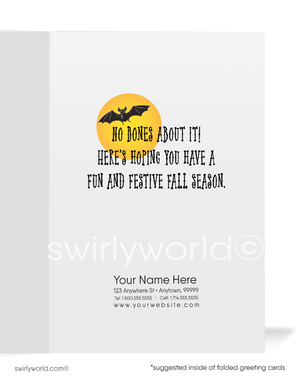 Send nostalgic Halloween greetings with Swirly World's exclusive 1950s-1960s style card featuring a skeleton dressed as a ghost, a black cat, and a bat flying across the moon. Choose from flat or folded styles with optional custom envelopes. Perfect for adding a vintage charm to your Halloween celebrations!