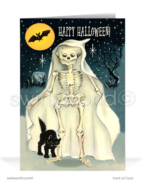 1950's-1960's Vintage Mid-Century Modern Retro Skeleton Ghost Printed Halloween Cards