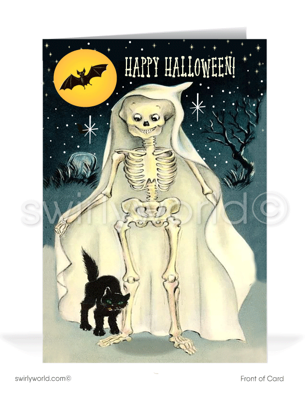 Send nostalgic Halloween greetings with Swirly World's exclusive 1950s-1960s style card featuring a skeleton dressed as a ghost, a black cat, and a bat flying across the moon. Choose from flat or folded styles with optional custom envelopes. Perfect for adding a vintage charm to your Halloween celebrations!
