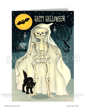 Send nostalgic Halloween greetings with Swirly World's exclusive 1950s-1960s style card featuring a skeleton dressed as a ghost, a black cat, and a bat flying across the moon. Choose from flat or folded styles with optional custom envelopes. Perfect for adding a vintage charm to your Halloween celebrations!